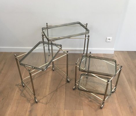 French Neo-Classical Style Silvered Brass Nesting Tablers on Casters from Maison Bagués, 1940s, Set of 3-BA-658341