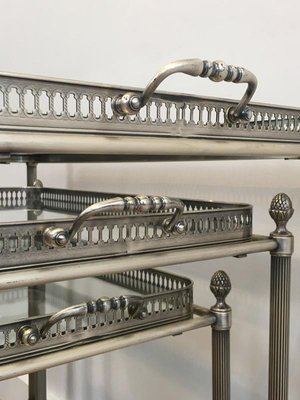 French Neo-Classical Style Silvered Brass Nesting Tablers on Casters from Maison Bagués, 1940s, Set of 3-BA-658341