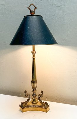 French Neoclassical Brass and Chrome Table Lamp with Dolphins, 1950s-WZZ-1805117