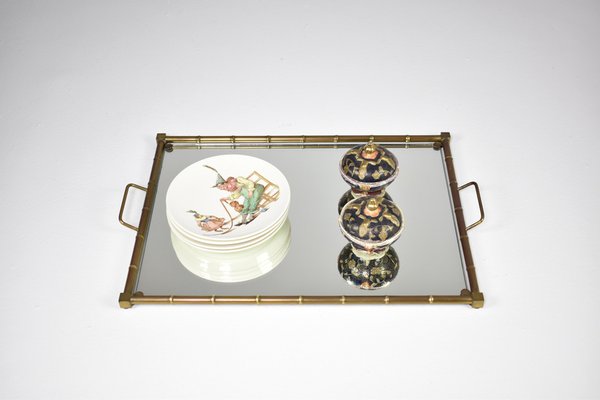 French Neoclassical Brass and Mirrored Glass Tray, 1970s-GXL-2035115