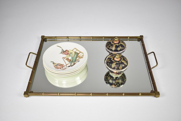 French Neoclassical Brass and Mirrored Glass Tray, 1970s-GXL-2035115