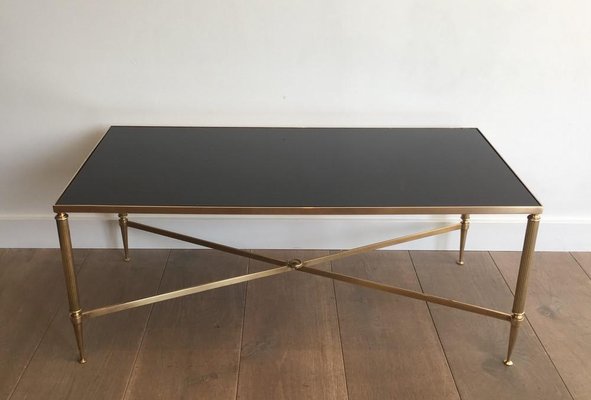 French Neoclassical Brass Coffee Table with Fluted Legs & Stretcher in the Style of Maison Jansen, 1940s-BA-697585