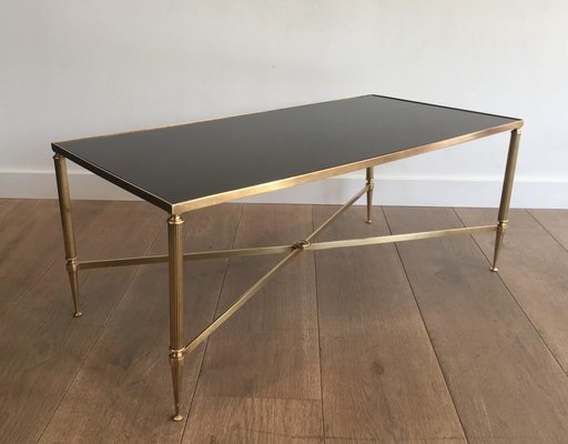 French Neoclassical Brass Coffee Table with Fluted Legs & Stretcher in the Style of Maison Jansen, 1940s-BA-697585