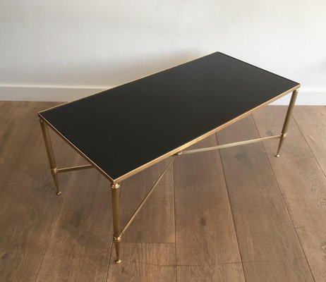 French Neoclassical Brass Coffee Table with Fluted Legs & Stretcher in the Style of Maison Jansen, 1940s-BA-697585