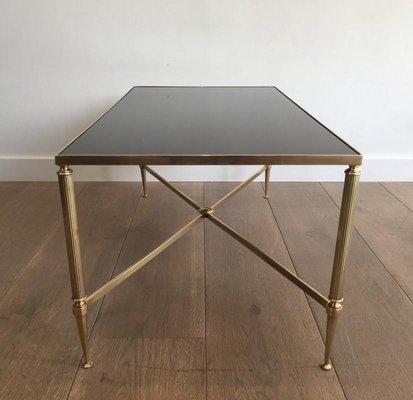 French Neoclassical Brass Coffee Table with Fluted Legs & Stretcher in the Style of Maison Jansen, 1940s-BA-697585