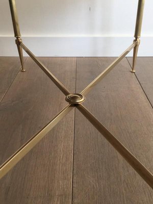 French Neoclassical Brass Coffee Table with Fluted Legs & Stretcher in the Style of Maison Jansen, 1940s-BA-697585