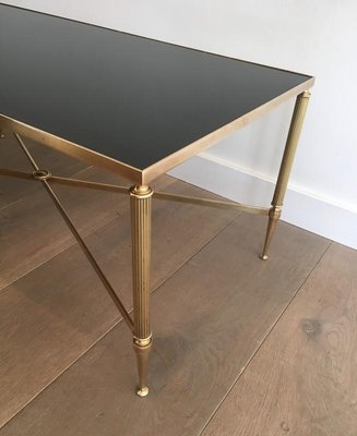 French Neoclassical Brass Coffee Table with Fluted Legs & Stretcher in the Style of Maison Jansen, 1940s-BA-697585