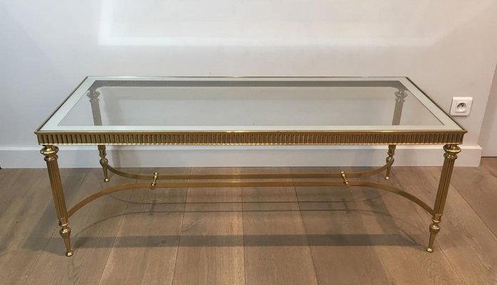 French Neoclassical Style Brass Coffee Table with Clear Glass Shelf Surrounded by a Silvered Mirror, 1970s-BA-658248