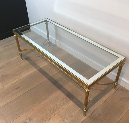 French Neoclassical Style Brass Coffee Table with Clear Glass Shelf Surrounded by a Silvered Mirror, 1970s-BA-658248