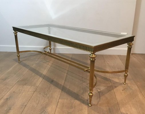 French Neoclassical Style Brass Coffee Table with Clear Glass Shelf Surrounded by a Silvered Mirror, 1970s-BA-658248