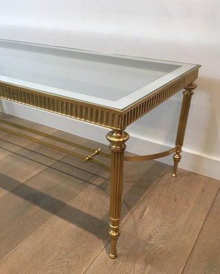 French Neoclassical Style Brass Coffee Table with Clear Glass Shelf Surrounded by a Silvered Mirror, 1970s-BA-658248