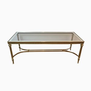 French Neoclassical Style Brass Coffee Table with Clear Glass Shelf Surrounded by a Silvered Mirror, 1970s-BA-658248