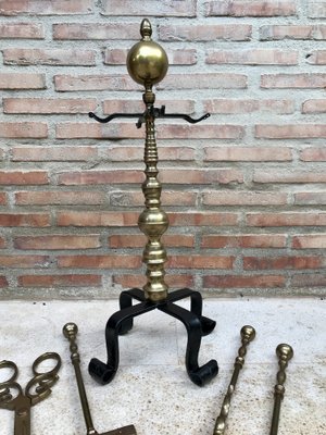 French Neoclassical style Brass Fireplace Tools, 1970s, Set of 5-NOU-1363498