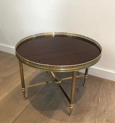 French Neoclassical Style Brass Round Coffee Table with Mahogany Veneer Top by Maison Jansen, 1940s-BA-745737