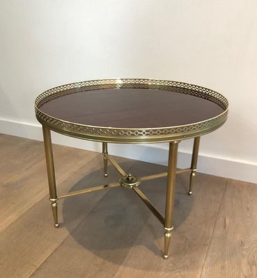 French Neoclassical Style Brass Round Coffee Table with Mahogany Veneer Top by Maison Jansen, 1940s-BA-745737