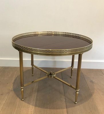 French Neoclassical Style Brass Round Coffee Table with Mahogany Veneer Top by Maison Jansen, 1940s-BA-745737