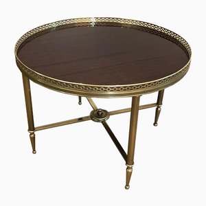 French Neoclassical Style Brass Round Coffee Table with Mahogany Veneer Top by Maison Jansen, 1940s-BA-745737