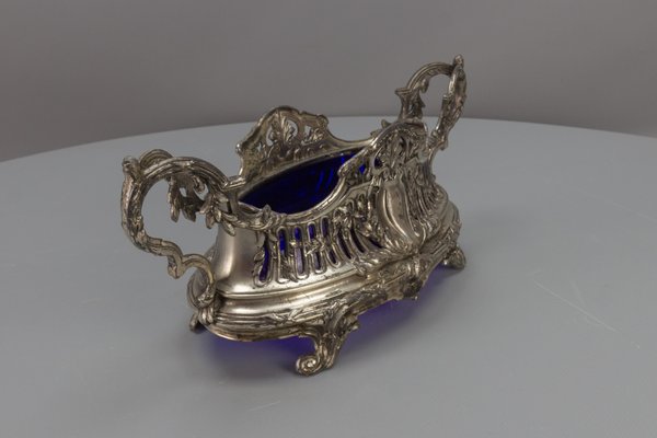 French Neoclassical Style Pewter and Indigo Blue Glass Centerpiece, Jardiniere, 1920s-KEG-1705453