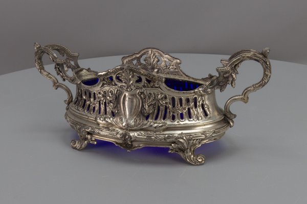 French Neoclassical Style Pewter and Indigo Blue Glass Centerpiece, Jardiniere, 1920s-KEG-1705453