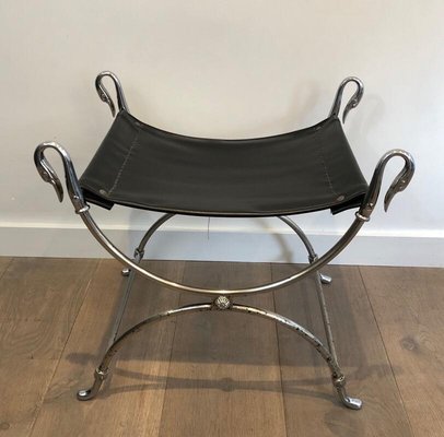 French Neoclassical Style Silvered Steel Curule Stool with Swan Heads from Maison Jansen, 1940s-BA-778493