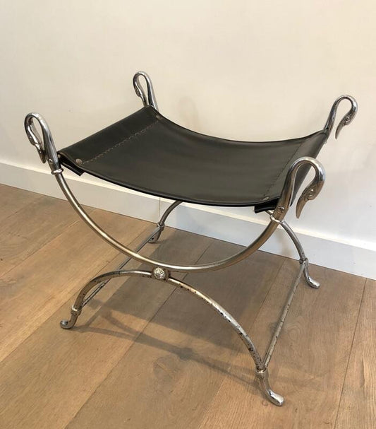 French Neoclassical Style Silvered Steel Curule Stool with Swan Heads from Maison Jansen, 1940s