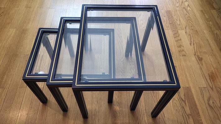 French Nesting Tables in Blue Lacquered Metal with Glass Tops by Pierre Vandel, 1970s, Set of 3-QCI-1816169