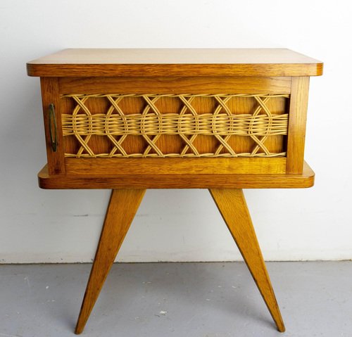 French Nightstands in Oak & Wicker with Compass Feet, 1950, Set of 2