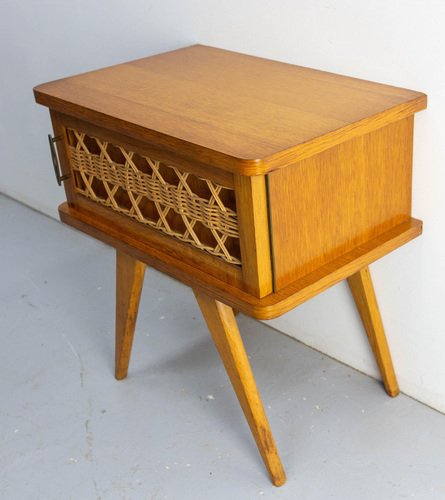 French Nightstands in Oak & Wicker with Compass Feet, 1950, Set of 2