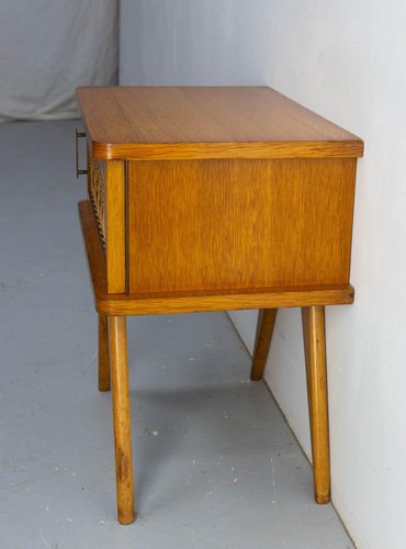 French Nightstands in Oak & Wicker with Compass Feet, 1950, Set of 2