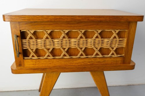 French Nightstands in Oak & Wicker with Compass Feet, 1950, Set of 2