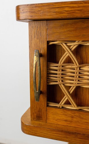 French Nightstands in Oak & Wicker with Compass Feet, 1950, Set of 2