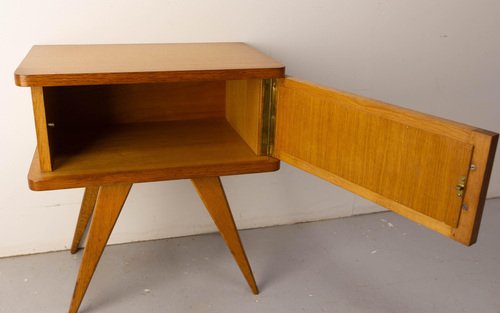 French Nightstands in Oak & Wicker with Compass Feet, 1950, Set of 2