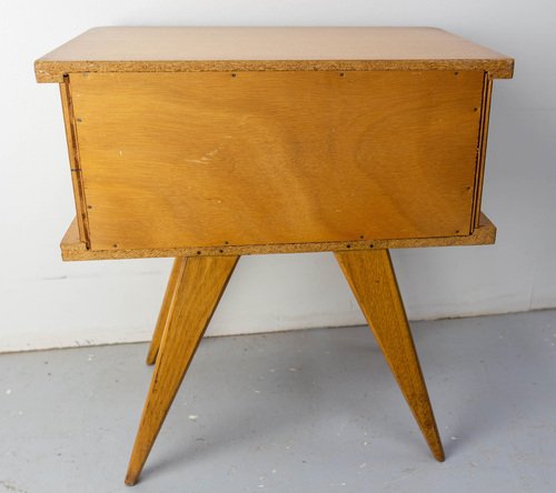 French Nightstands in Oak & Wicker with Compass Feet, 1950, Set of 2