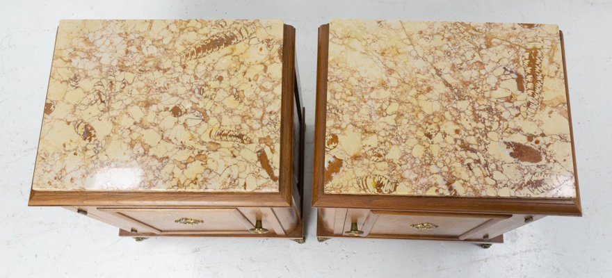 French Nightstands in Oak with Marble Tops, 1960s, Set of 2-RIU-1384742