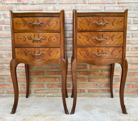 French Nightstands in Walnut with Flowers Marquetry and Bronze, 1940s, Set of 2-NOU-1395768