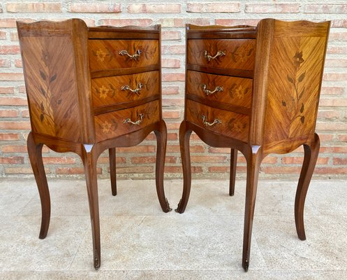 French Nightstands in Walnut with Flowers Marquetry and Bronze, 1940s, Set of 2-NOU-1395768