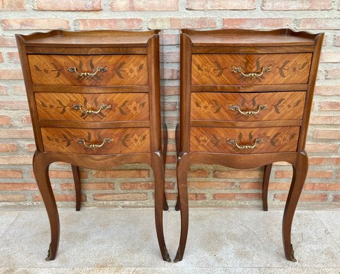 French Nightstands in Walnut with Flowers Marquetry and Bronze, 1940s, Set of 2-NOU-1395768