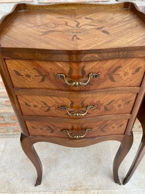 French Nightstands in Walnut with Flowers Marquetry and Bronze, 1940s, Set of 2-NOU-1395768