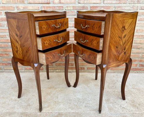 French Nightstands in Walnut with Flowers Marquetry and Bronze, 1940s, Set of 2-NOU-1395768