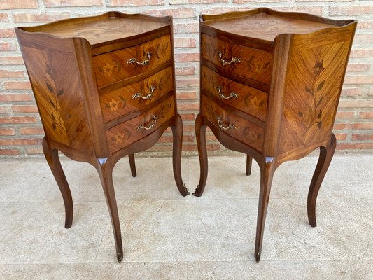 French Nightstands in Walnut with Flowers Marquetry and Bronze, 1940s, Set of 2-NOU-1395768