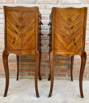 French Nightstands in Walnut with Flowers Marquetry and Bronze, 1940s, Set of 2-NOU-1395768