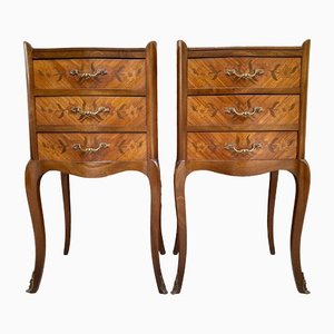 French Nightstands in Walnut with Flowers Marquetry and Bronze, 1940s, Set of 2-NOU-1395768