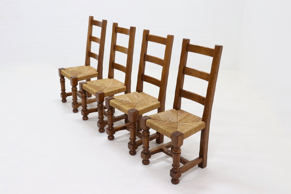 French Oak and Rush Ladder Back Dining Chairs, 1950s, Set of 4