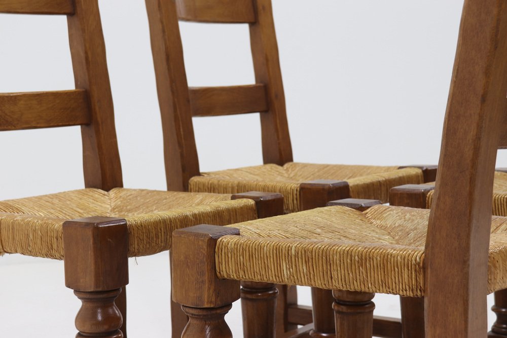 French Oak and Rush Ladder Back Dining Chairs, 1950s, Set of 4