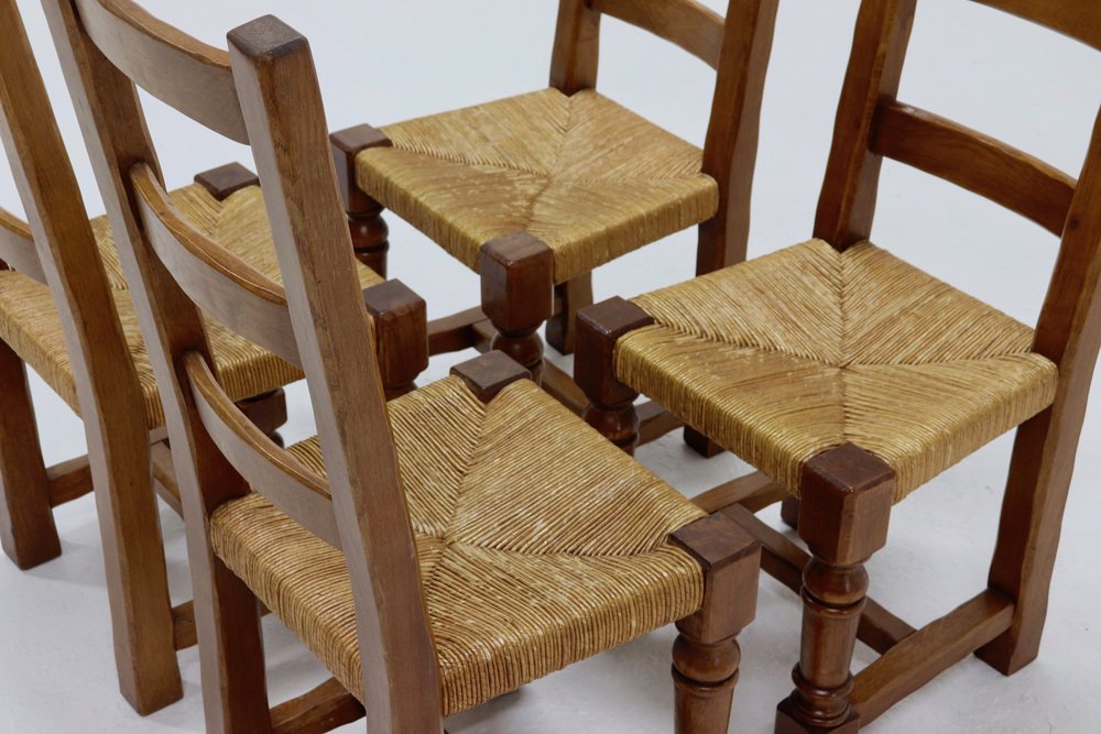 French Oak and Rush Ladder Back Dining Chairs, 1950s, Set of 4