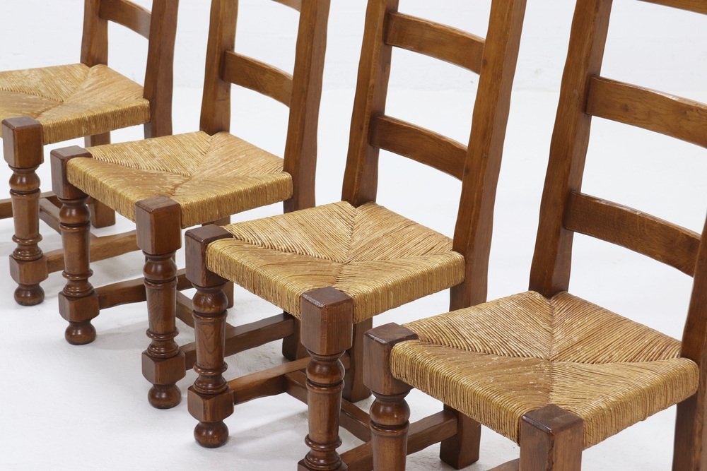 French Oak and Rush Ladder Back Dining Chairs, 1950s, Set of 4