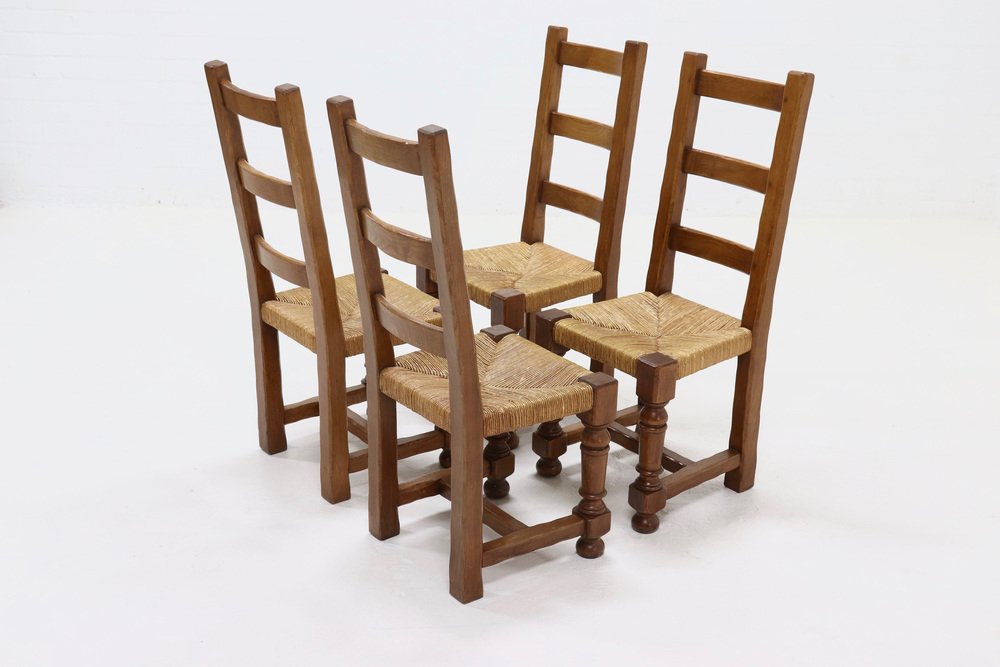 French Oak and Rush Ladder Back Dining Chairs, 1950s, Set of 4