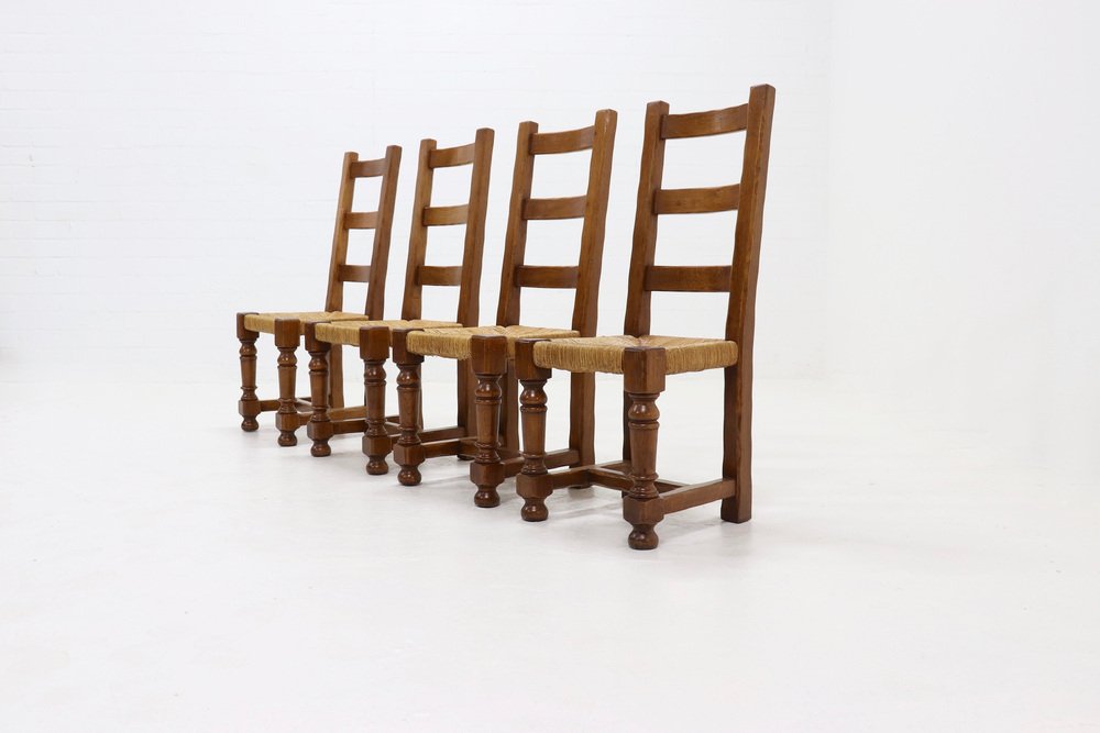 French Oak and Rush Ladder Back Dining Chairs, 1950s, Set of 4