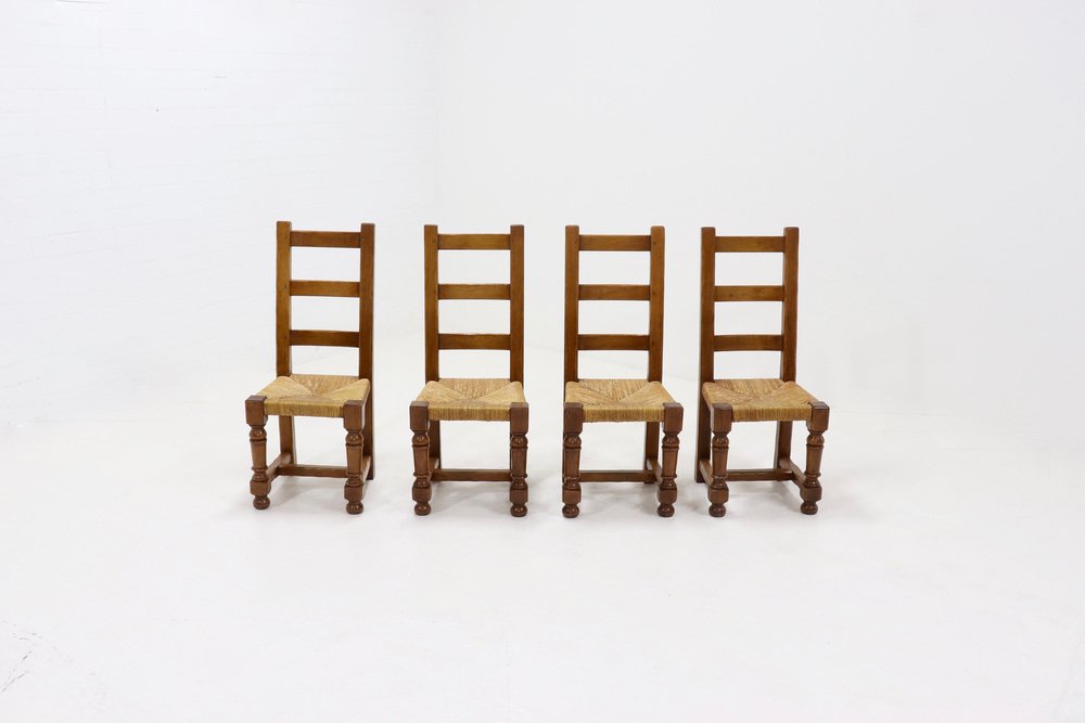 French Oak and Rush Ladder Back Dining Chairs, 1950s, Set of 4