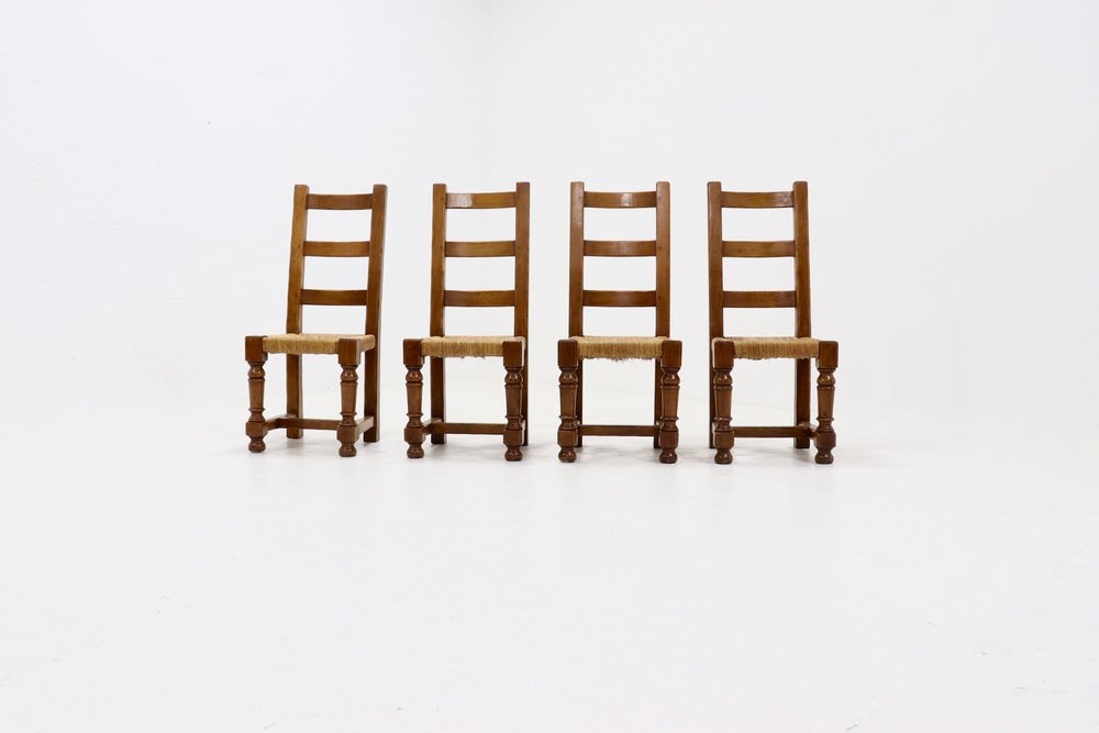 French Oak and Rush Ladder Back Dining Chairs, 1950s, Set of 4